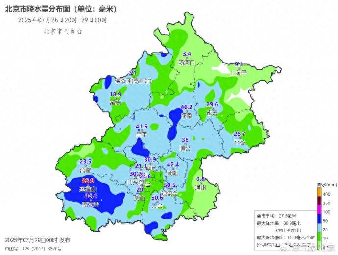 最近一小时最大降雨出现在房山石板台,44.7毫米